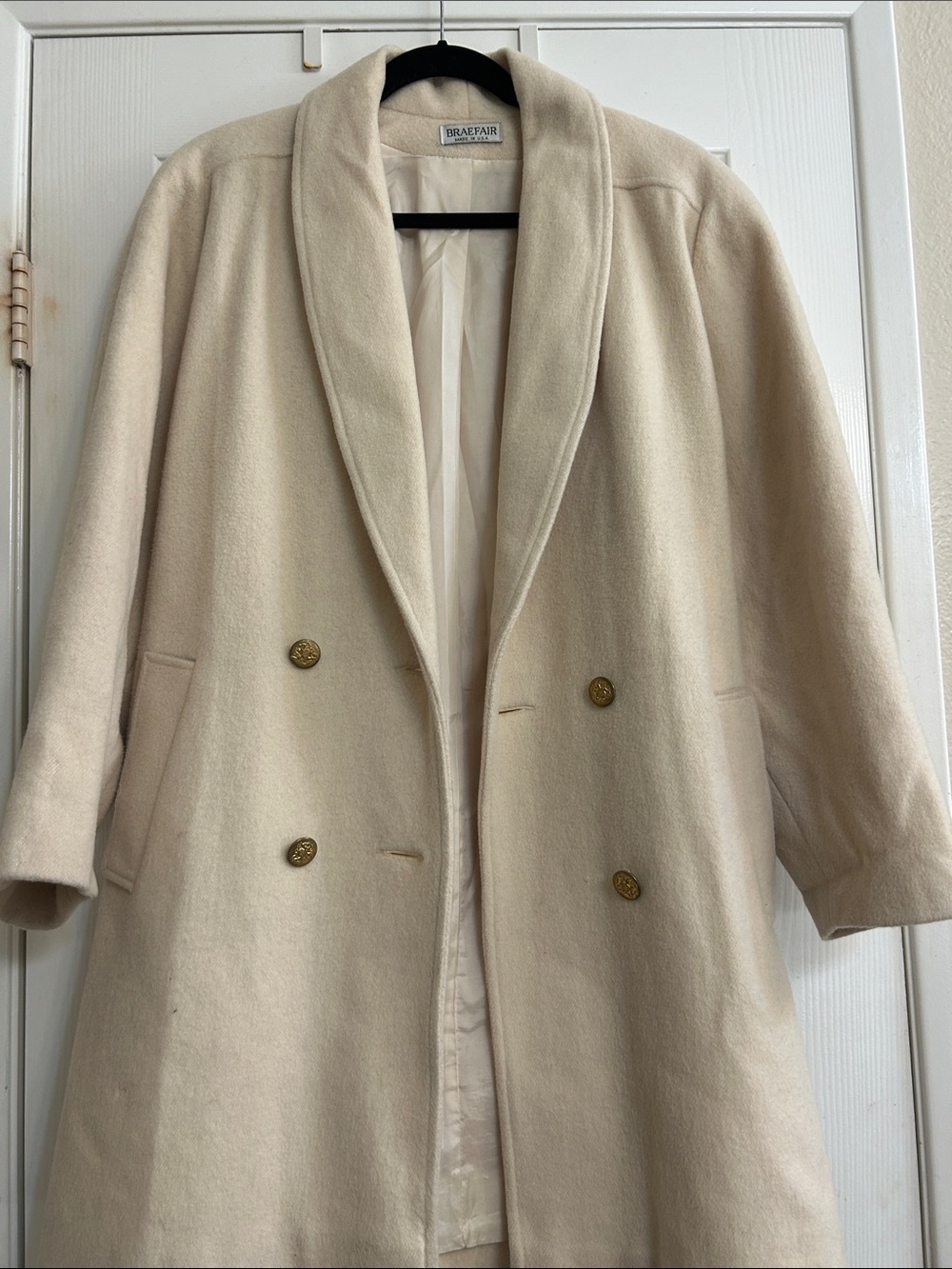Vintage Braefair Ivory Wool Blend Double Breasted Coat Gold Crest Buttons